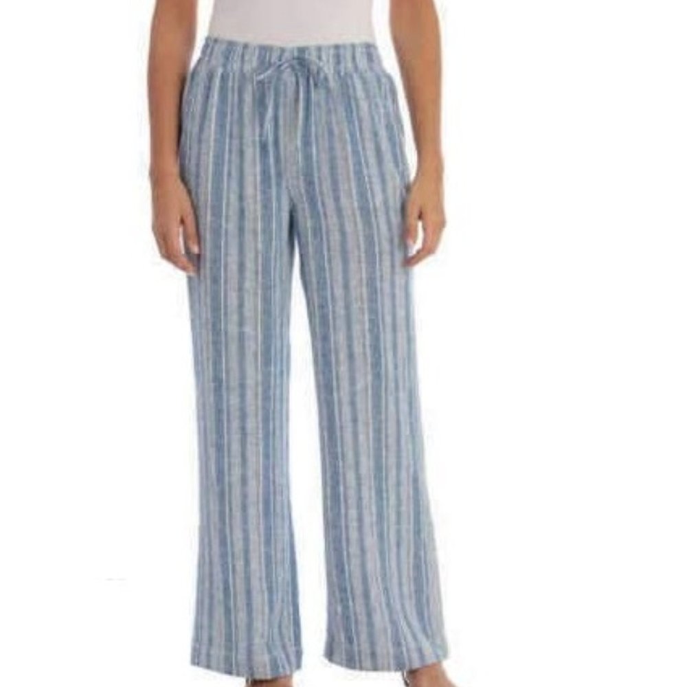 NWT Briggs Womens Linen Blend Drawstring Pants Blue With White Size L $60 JJ037